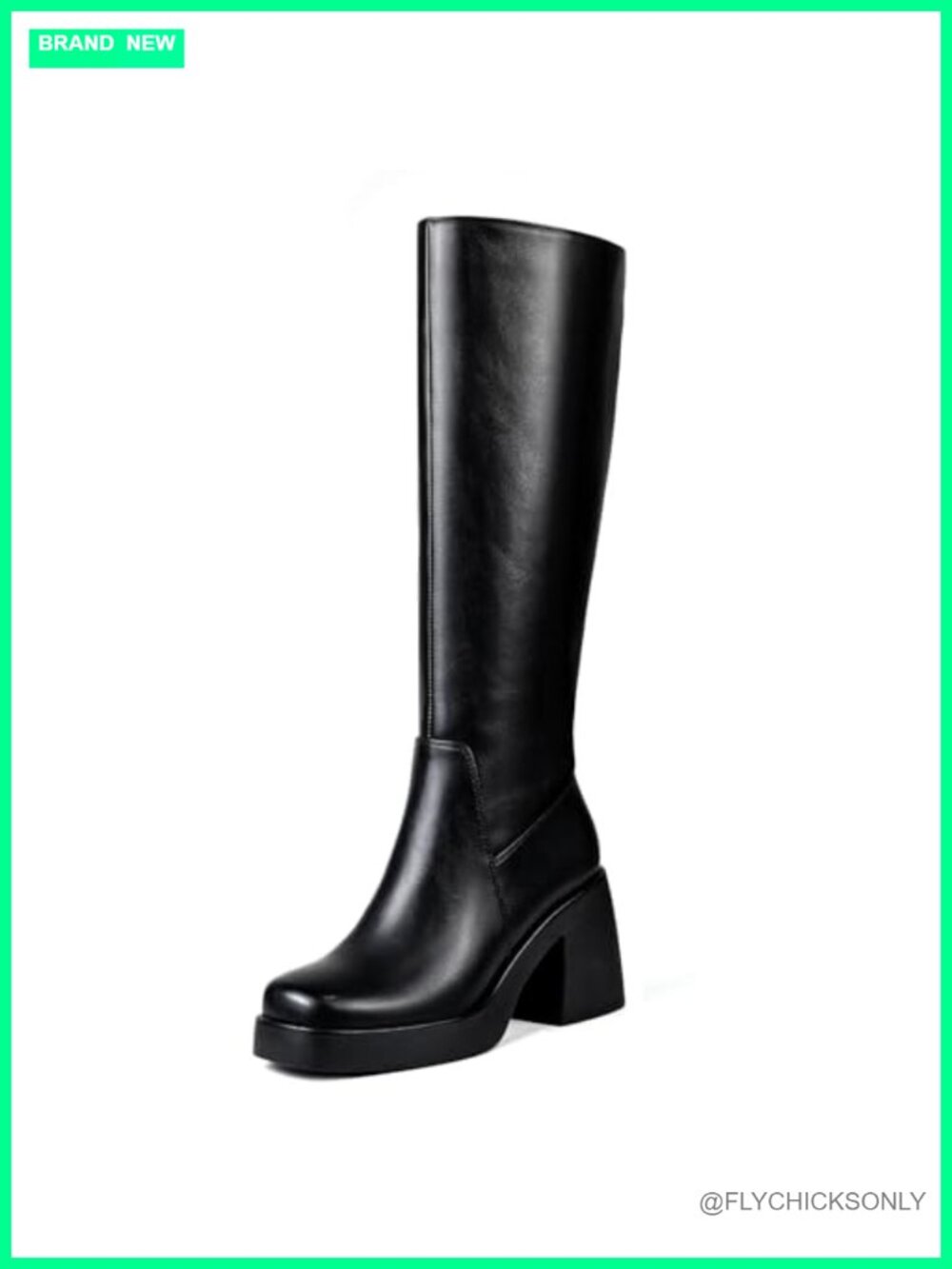 Platform Knee High Boots Chunky Heel Square Toe Faux Leather Tall Boot